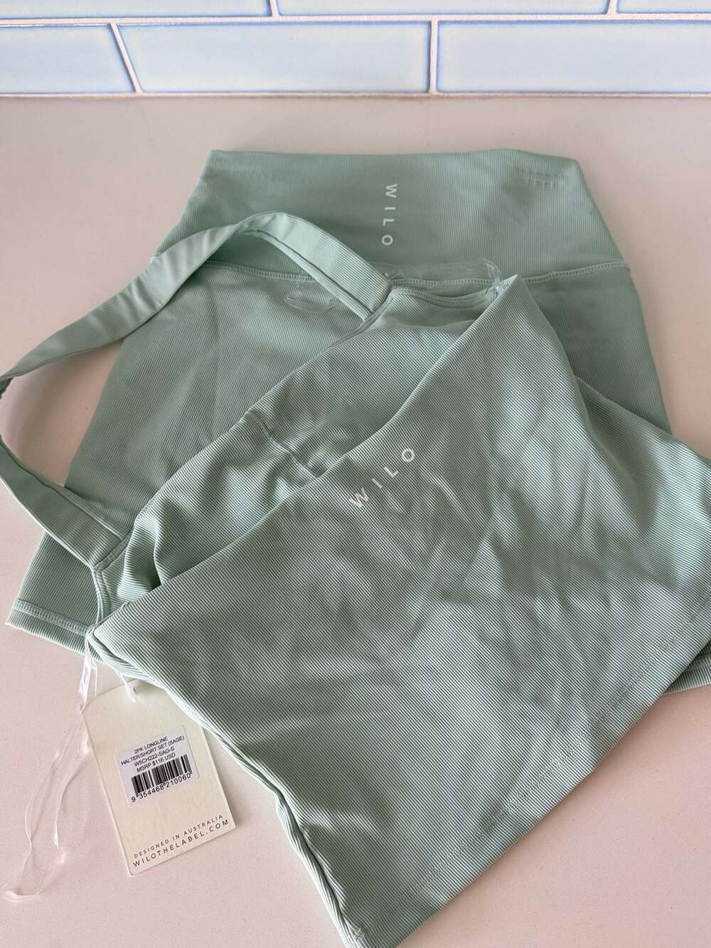 Wilo The Label Longline Halter Top and biker Short Set in Sage - small - Picture 2 of 9